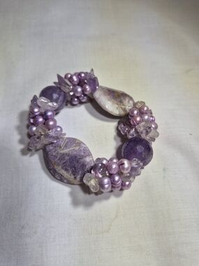 Handmade Chunky Gemstone Bracelet Amethyst Charoite & Lavender Freshwater Pearl